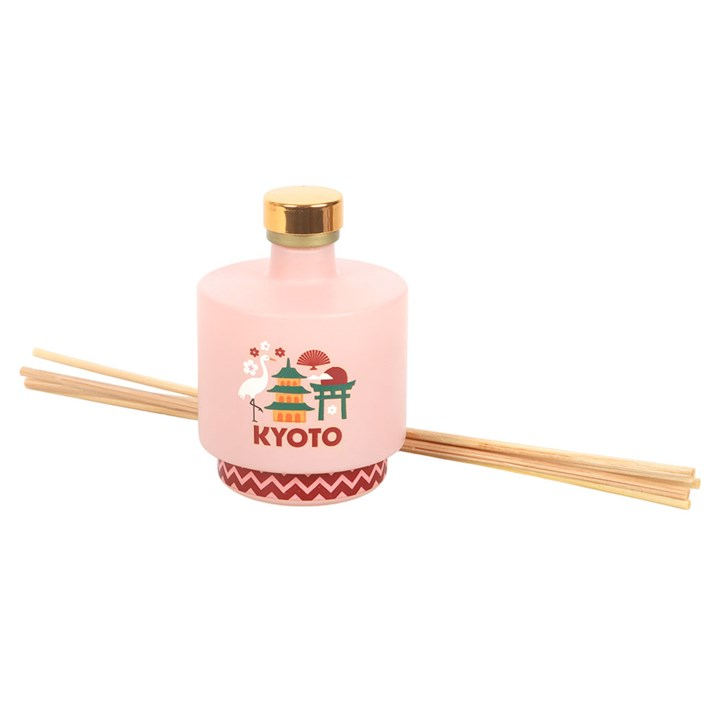 Kyoto bamboo and cherry reed diffuser, presented in a light pink bottle with Japanese city design. Includes reeds. 