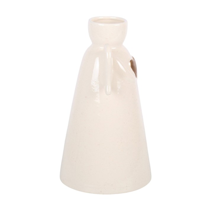 Sentimental ceramic flower vase, shaped like an angel with extended wings and a gold heart embellishment.