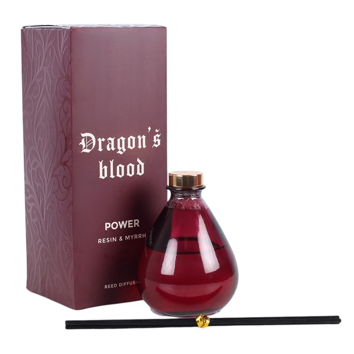 Dragon's Blood reed diffuser, presented in a deep purple teardrop glass bottle. 