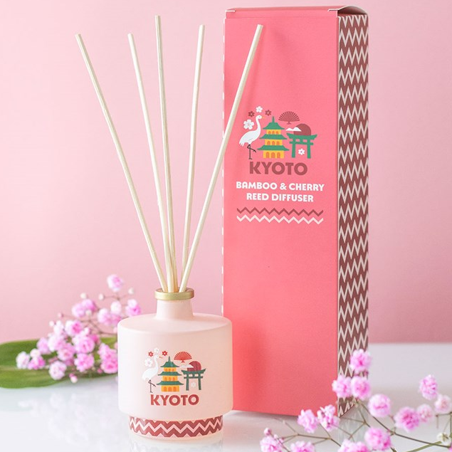 Kyoto bamboo and cherry reed diffuser, presented in a light pink bottle with Japanese city design. Includes reeds. 
