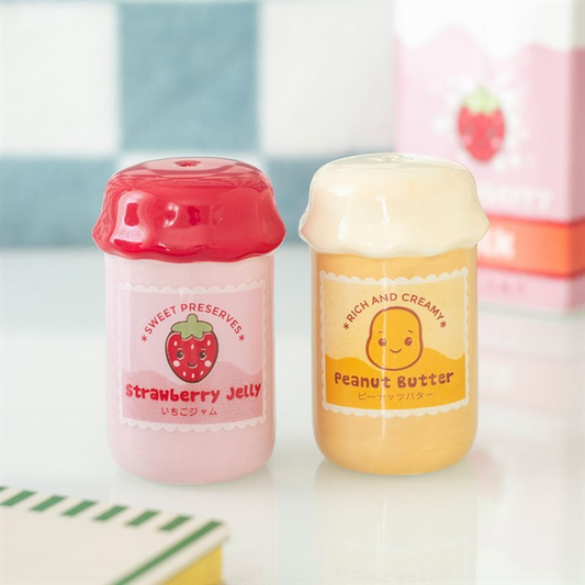 Two kawaii style peanut butter and strawberry jelly jar-shaped salt and pepper shakers.
