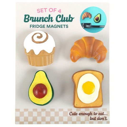 Delightful brunch food-inspired fridge magnets. Croissant, cinnamon roll, avocado & egg on toast.
