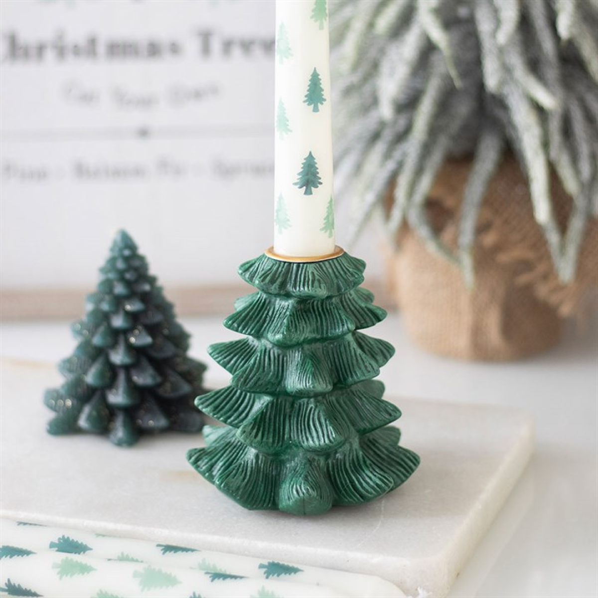 Green 'Fir Tree' Candle Holder with Taper Candle