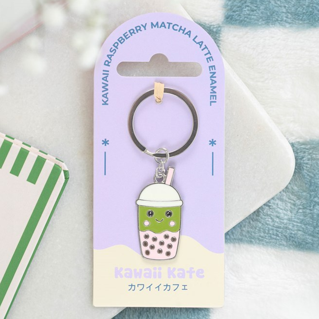 Kawaii style matcha bubble tea enamel keyring.
