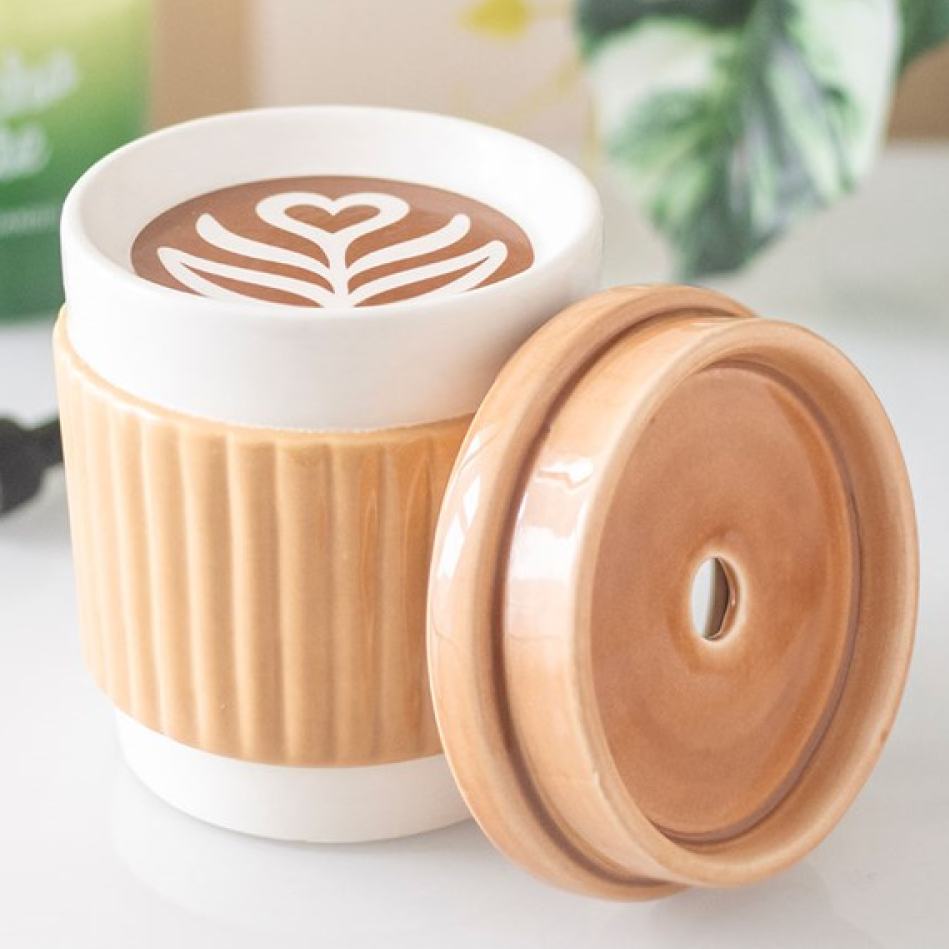 Ceramic wax melter and oil burner shaped like a classic takeaway coffee mug.