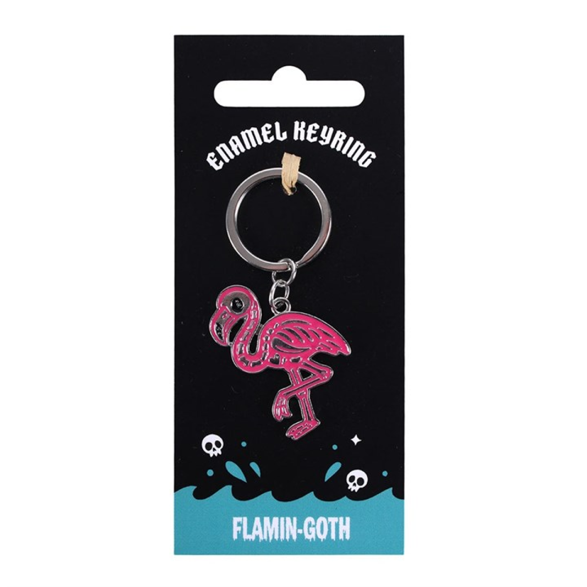 A flamigo-gothic style keyring featuring a skeleton flamingo.