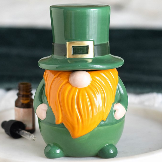 Green leprechaun style scandi gonk shaped wax melter and oil burner with removable hat.