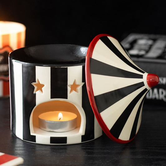 Monochrome striped circus tent ceramic wax melter and oil burner.