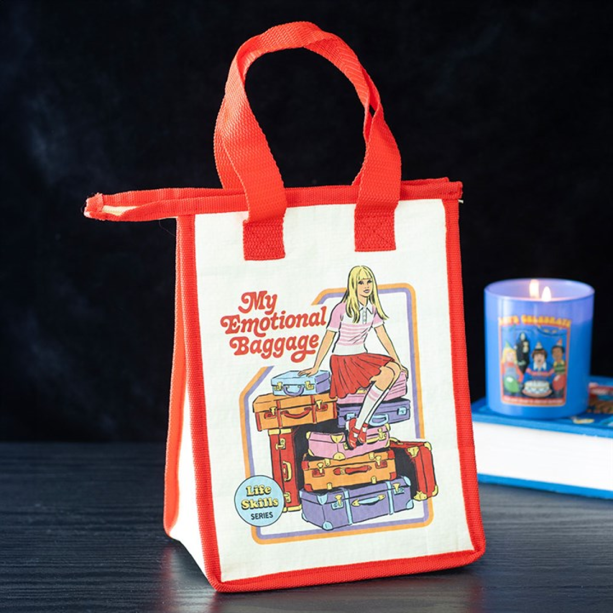 My Emotional Baggage retro reusable lunch bag designed by Steven Rhodes.  Insulated and made from recycled plastic.