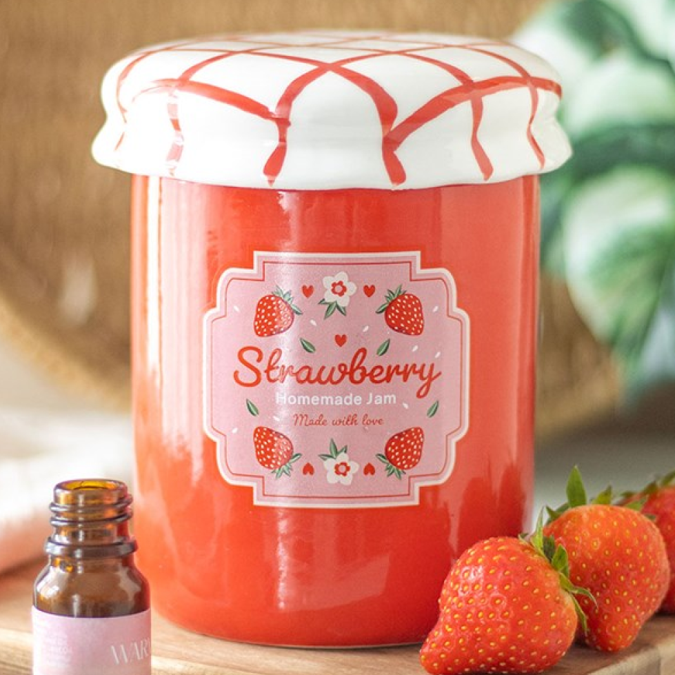Strawberry jam jar shaped ceramic wax melter with gingham lid.
