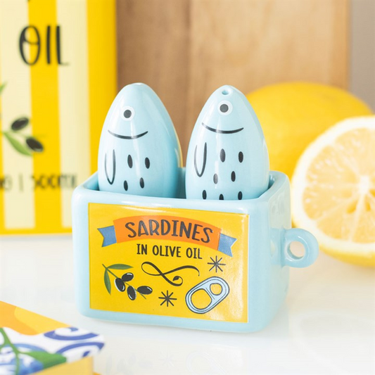 Sardine shaped salt and pepper shaker set presented in a sardine-can holder. 