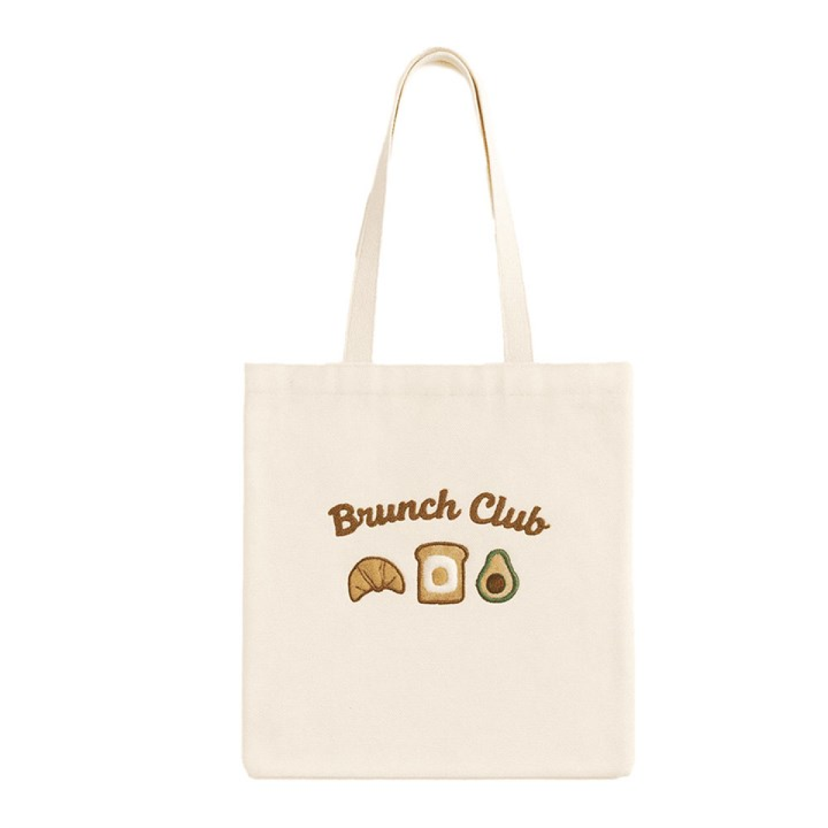 Canvas reusable tote bag with Brunch Club text and croissant, egg on toast and avocado design.
