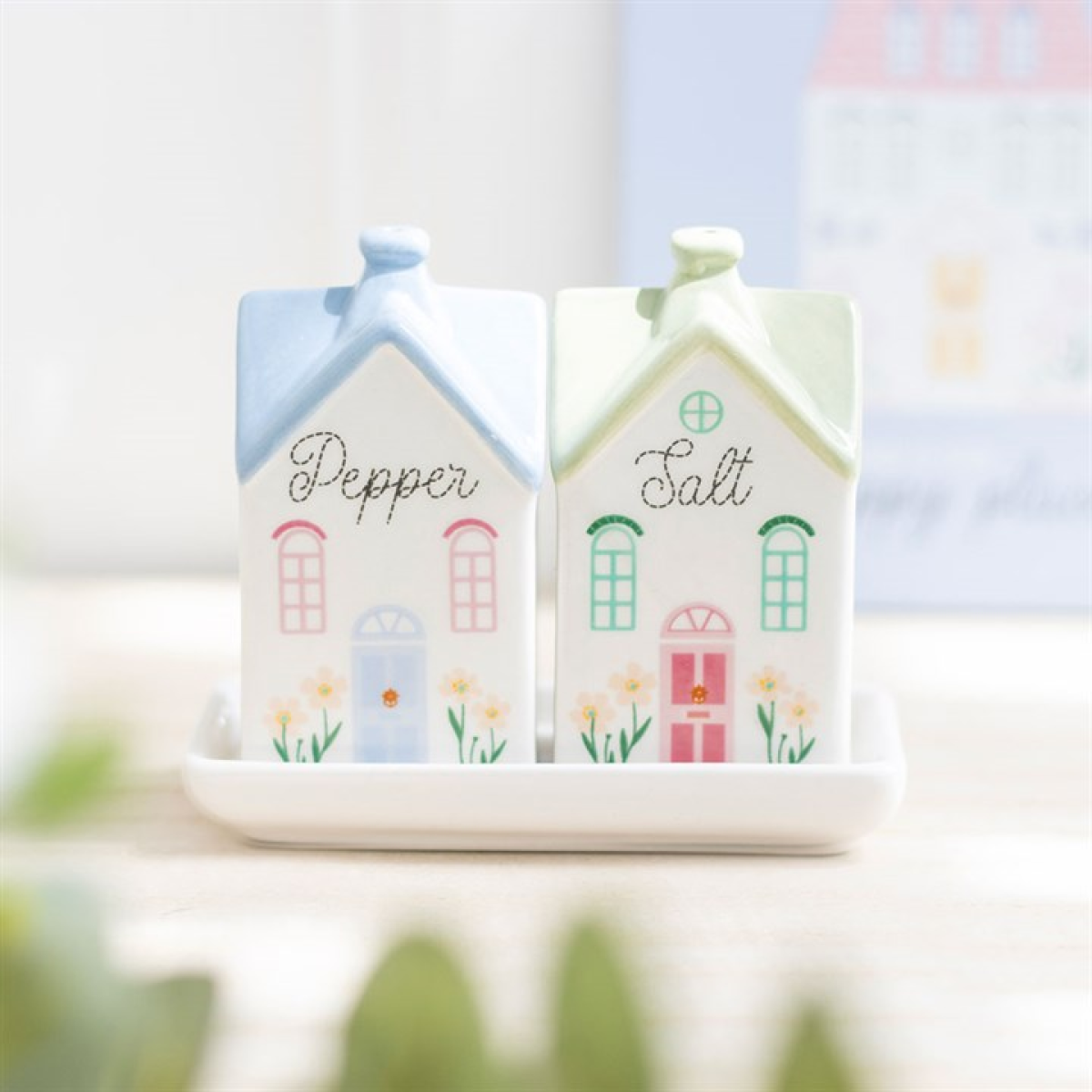 Pastel Town House-Shaped Salt and Pepper Shakers