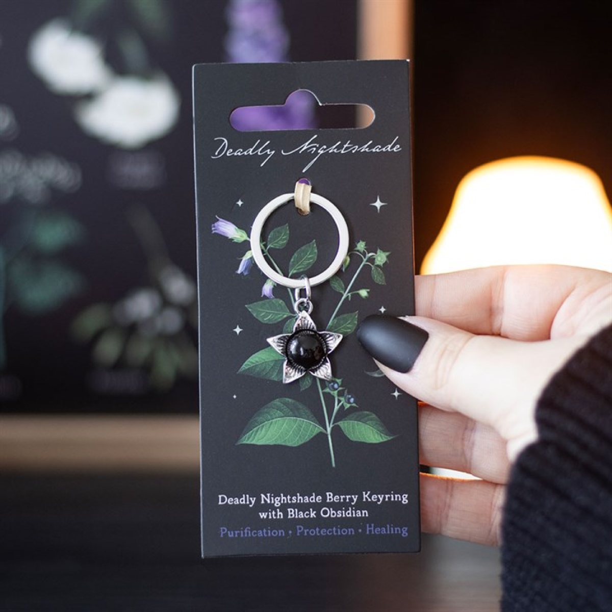 'Deadly Nightshade' Keyring with Black Obsidian