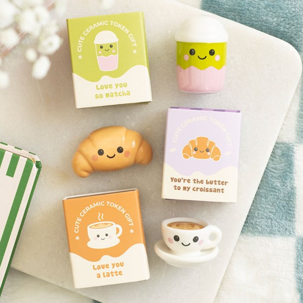Set of 24 ceramic Kawaii Kafe pocket tokens. Mix of bubble tea, latte and croissant tokens.