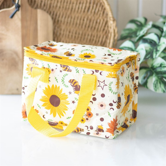 Insulated reusable lunch bag with summer solstice-inspired pattern.