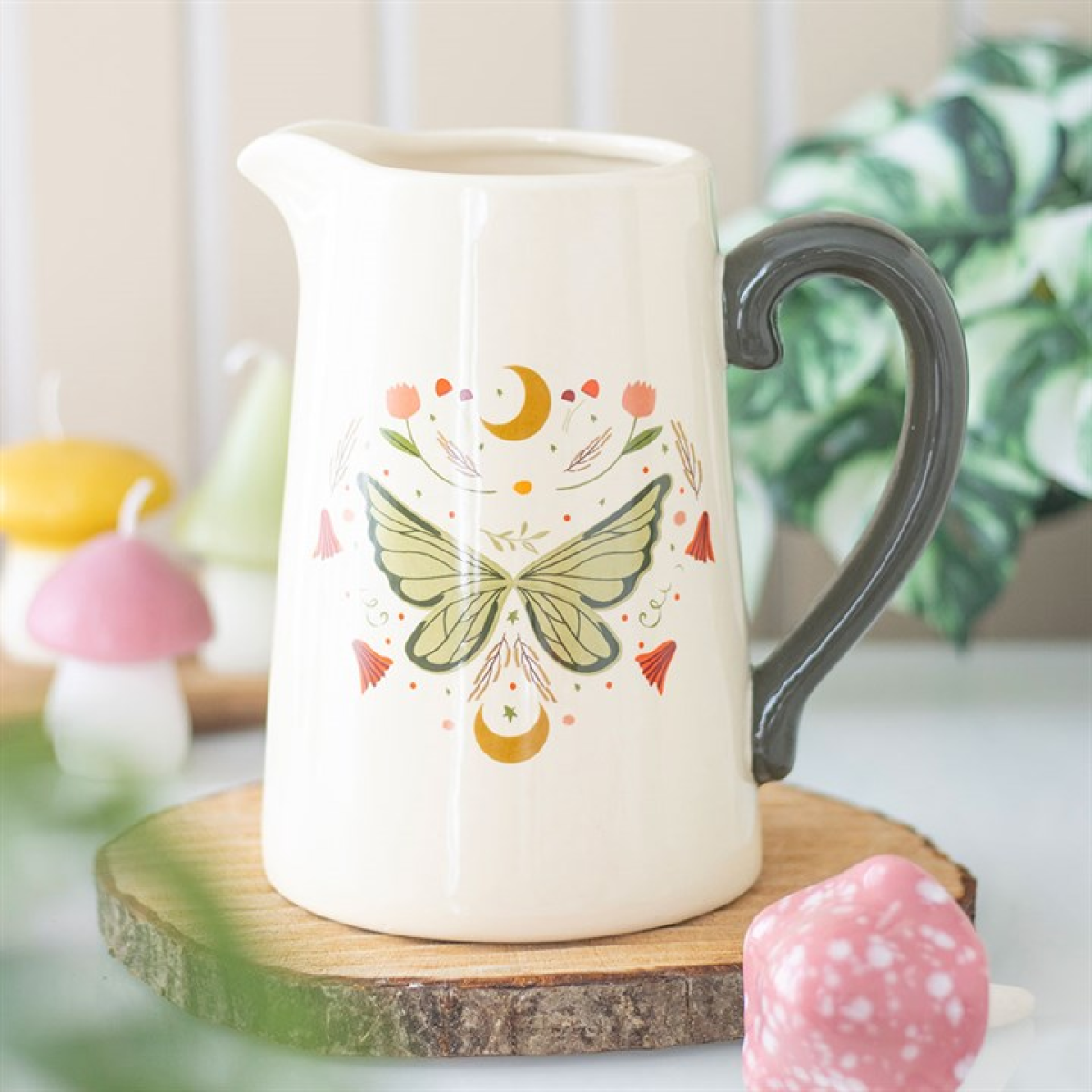 White flower jug with celestial bohemian motif.