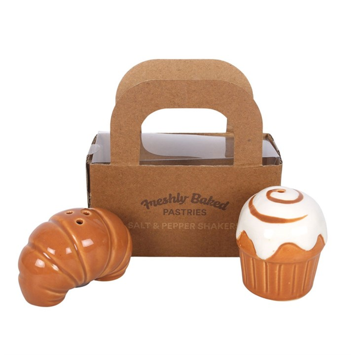 Ceramic croissant and cinnamon roll salt and pepper shaker set.