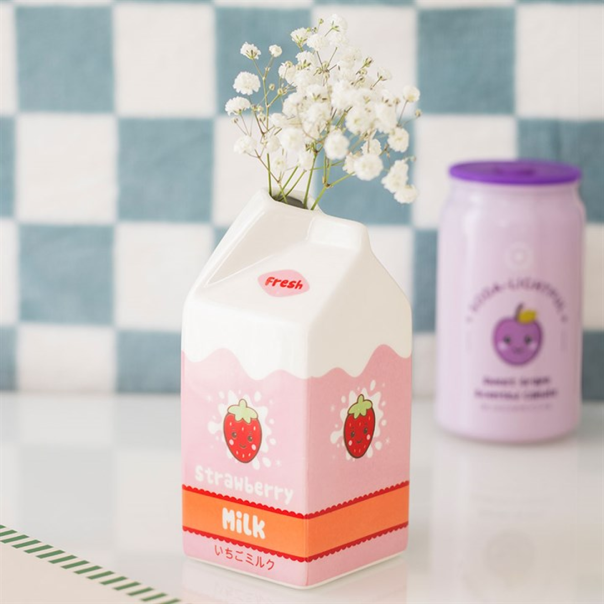 Kawaii style strawberry milk carton shaped flower vase.