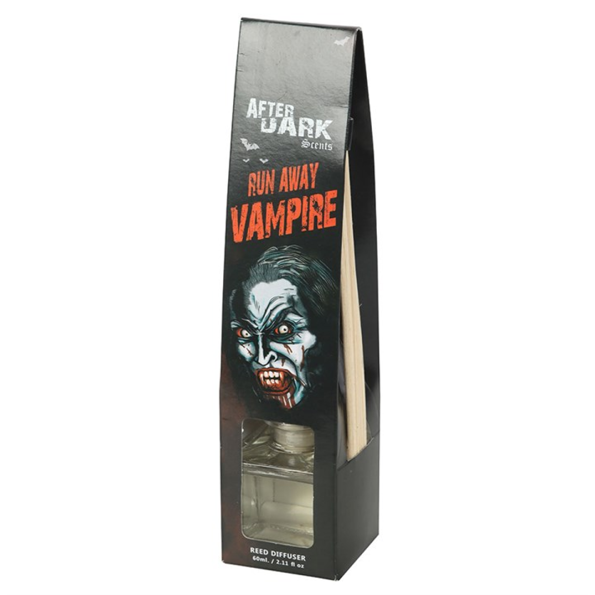 Run Away Vampire reed diffuser gift set. Complete with glass bottle, fragrance reeds and sandalwood fragrance oil.