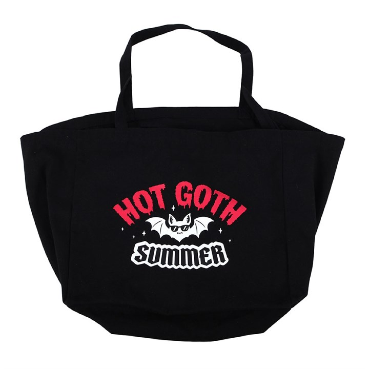 Hot Goth Summer canvas tote bag. Black canvas bag with hot pink and black text plus bat motif.