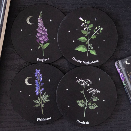 Set of 4 drinks coasters, each with an illustration of a poisonous plant.  Inc. hemlock, wolfsbane, foxglove and deadly nightshade.