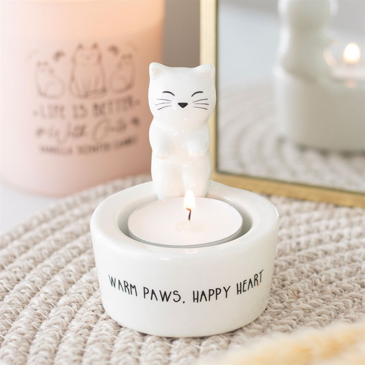 'Warm Paws, Happy Heart' Cat Tealight Holder