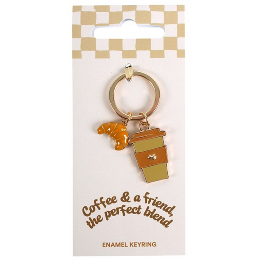 Coffee and croissant enamel keyring.
