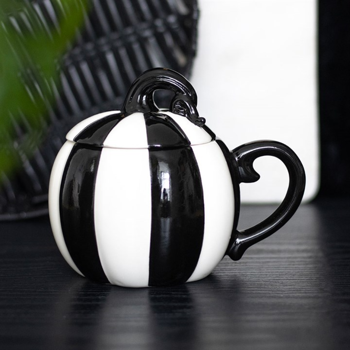 Monochrome Striped Pumpkin Lidded Mug
