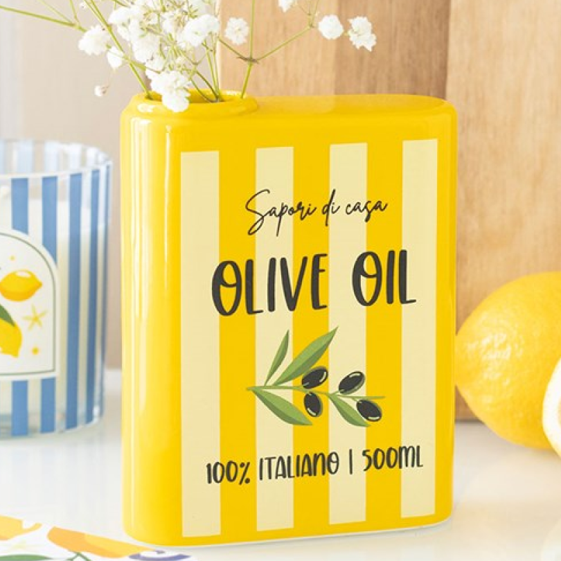 Flower vase shaped like a classic spanish olive oil can.