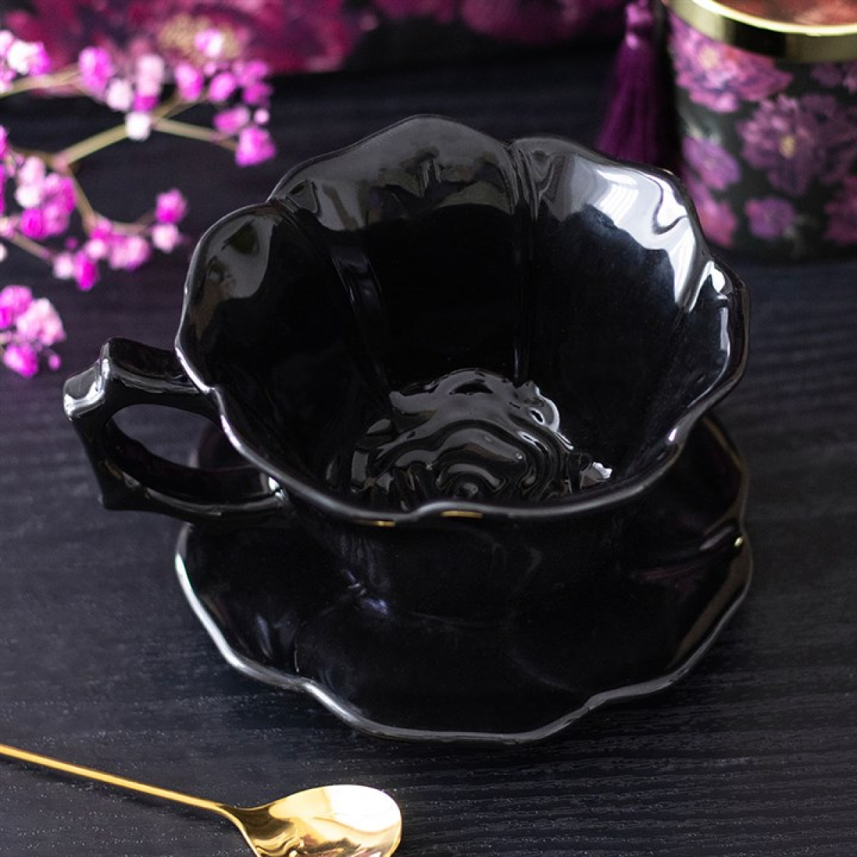 'Black Rose' Teacup and Saucer