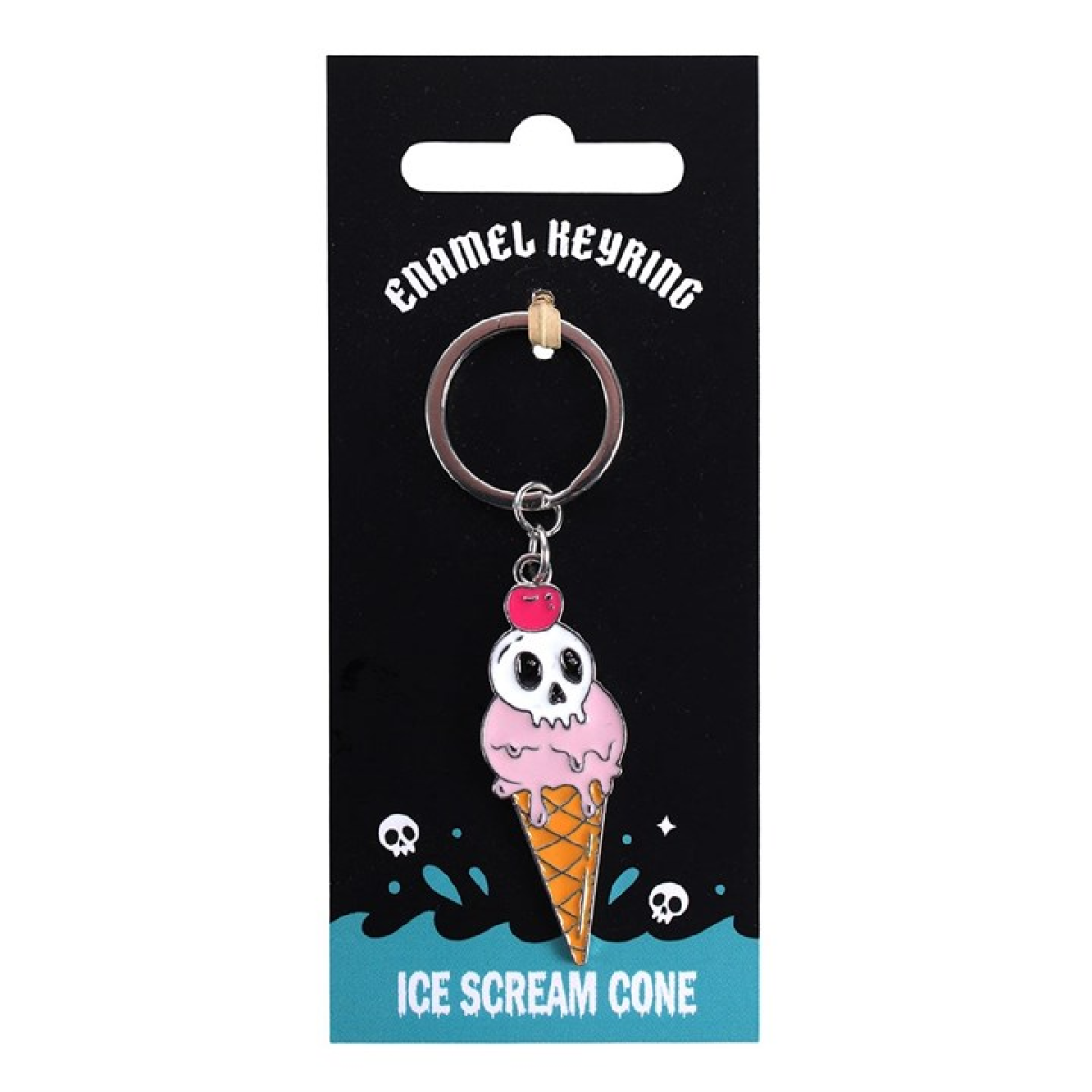 Adorable icecream cone shaped enamel keyring with spooky skull topping.